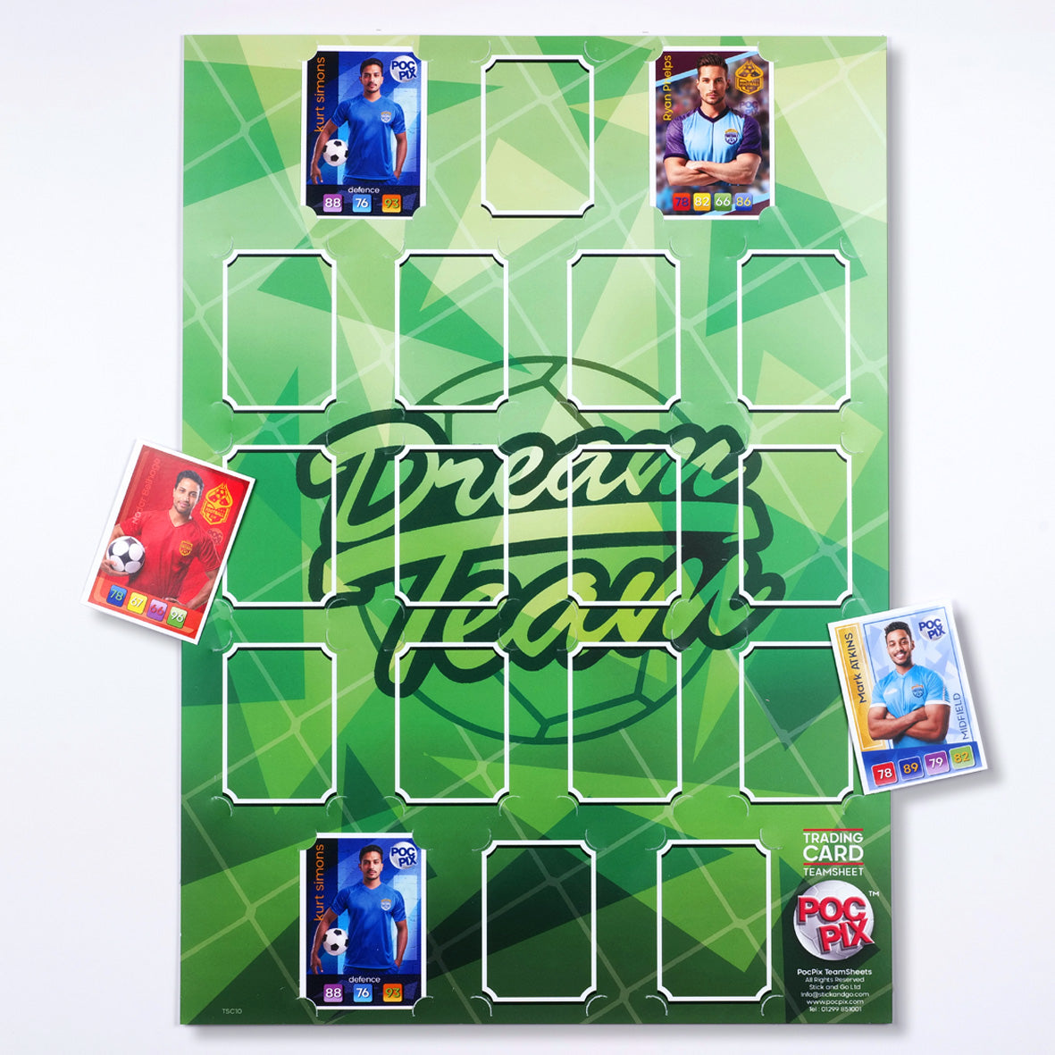 A photo of a green 'Dream Team' trading card poster with slots to display cards, accompanied by a few sample cards placed on and off the trading card holder.