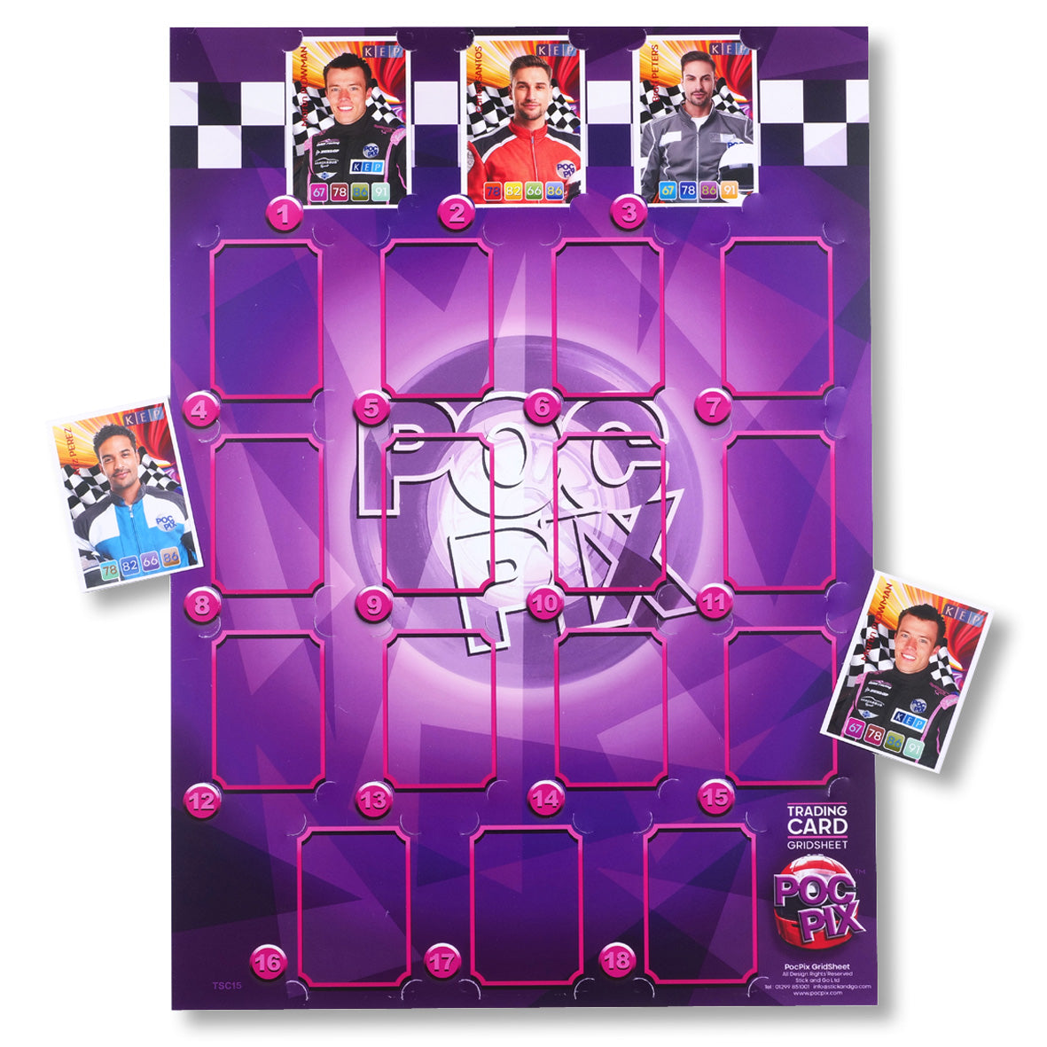 A multicolored purple driver standing trading card poster grid sheet with slots for trading cards, featuring the PocPix logo and checkered flag elements.