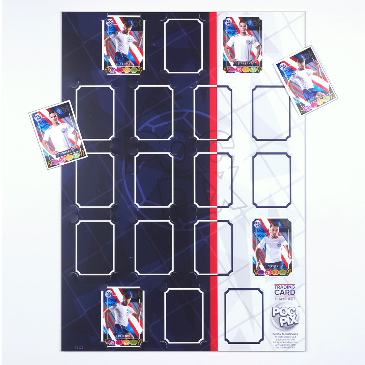 A blue and white team sheet or trading card poster designed to hold and display trading cards, with several cards placed on top showing the design.