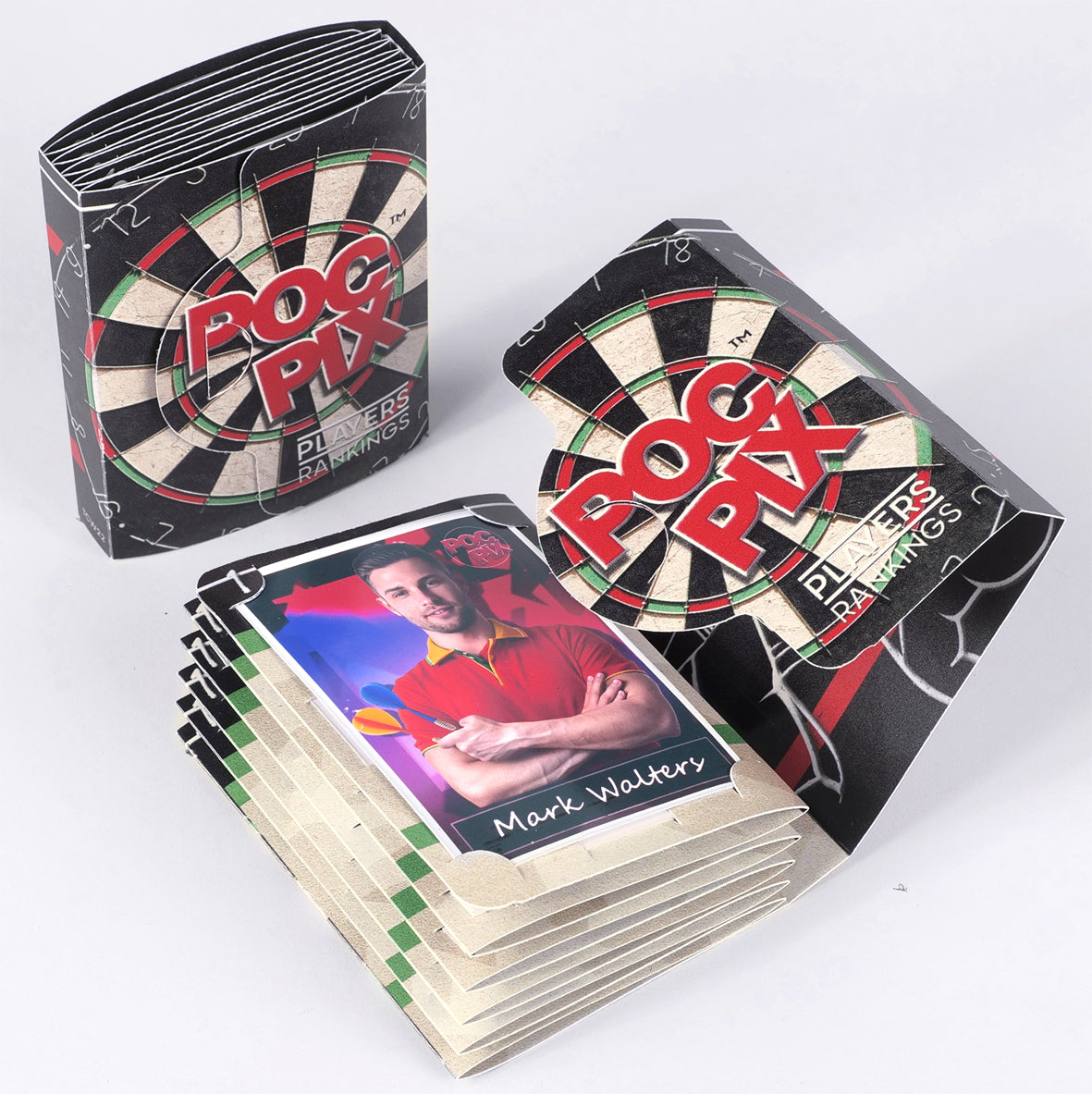 Pocket-Size black white red TCG Collector Darts Trading Card Binder – For League Players & Collectors. Curate your star lineup, showcase inserts, or Darts Trading Cards.