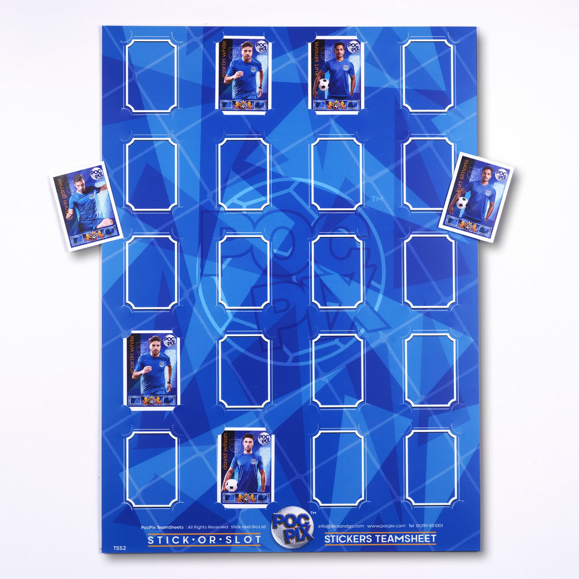 A blue and white sticker album designed to hold trading cards and stickers, featuring slots for cards on the cover.