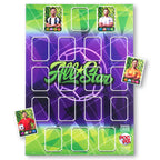 A multicolored trading card album titled 'All Star' with slots to hold cards, accompanied by a few sample cards displayed outside the slots.