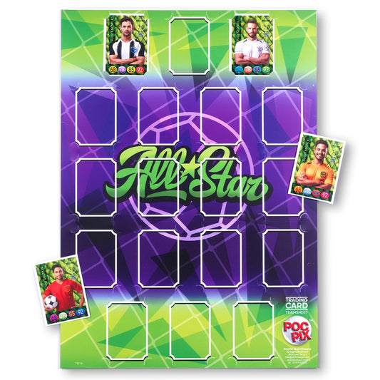 A multicolored trading card album titled 'All Star' with slots to hold cards, accompanied by a few sample cards displayed outside the slots.
