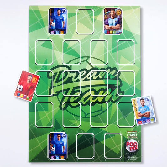 A photo of a green 'Dream Team' trading card poster with slots to display cards, accompanied by a few sample cards placed on and off the trading card holder.