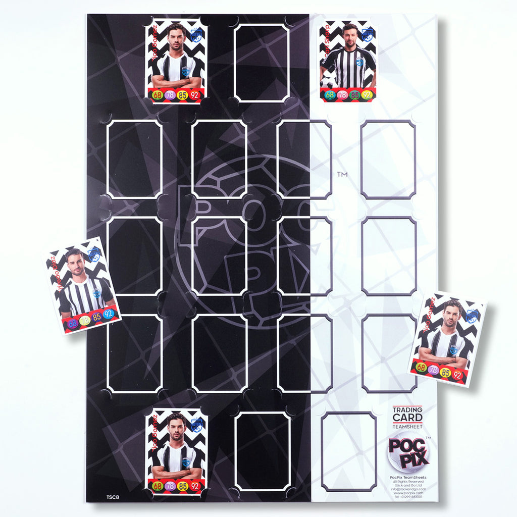 A black and white team sheet or trading card display poster with slots for trading cards, accompanied by sample cards displayed on top.