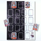 A black and white team sheet or trading card display poster with slots for trading cards, accompanied by sample cards displayed on top.