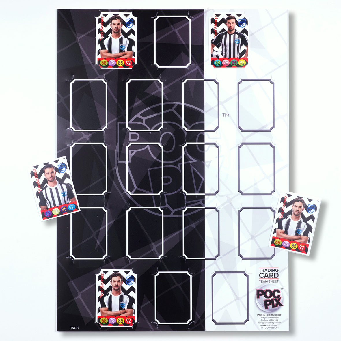 A black and white team sheet or trading card display poster with slots for trading cards, accompanied by sample cards displayed on top.