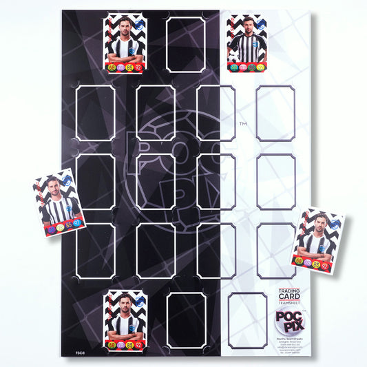 A black and white team sheet or trading card display poster with slots for trading cards, accompanied by sample cards displayed on top.