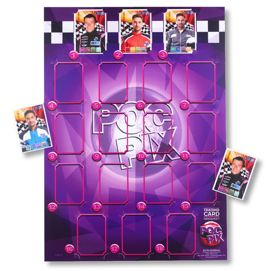A multicolored  purple driver standing trading card poster grid sheet with slots for trading cards, featuring the PocPix logo and checkered flag elements.