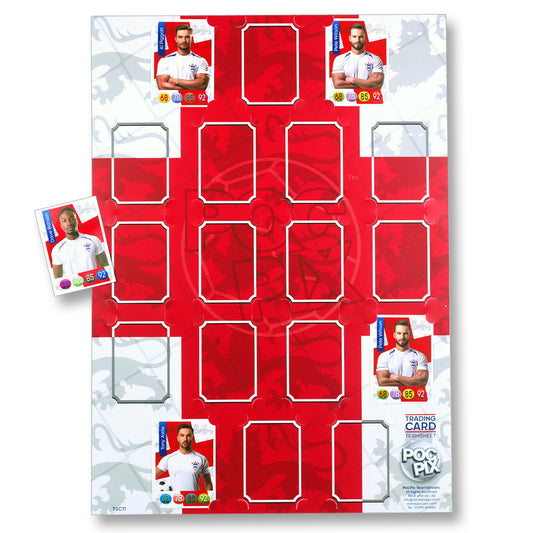 A red and white England national team trading card display poster team sheet designed to hold trading cards, with sample cards displayed on the left side.