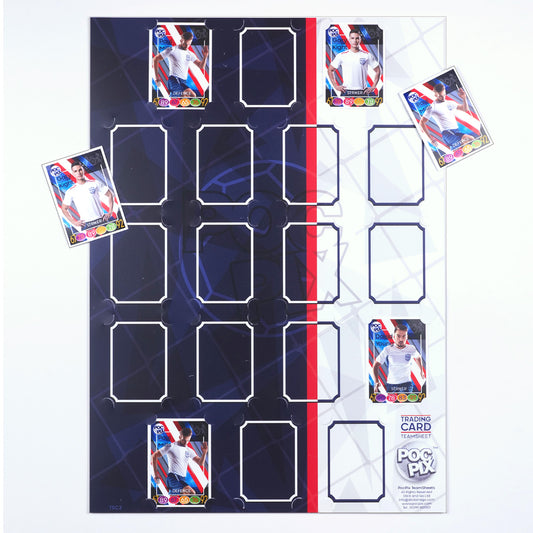 A blue and white team sheet or trading card poster designed to hold and display trading cards, with several cards placed on top showing the design.