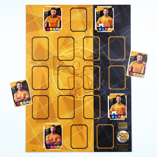 Orange, Gold & Black club colour Trading Card Poster team sheet designed to store and display trading cards, with sample cards shown on the sides.