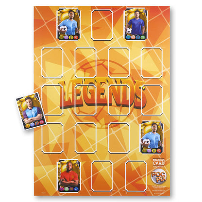 A colorful trading card poster designed to hold and display sports trading cards. The tcg album is showing 18 card slots with sample cards, and has a 'LEGENDS' title on the front cover.