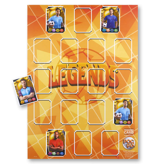 A colorful trading card poster designed to hold and display sports trading cards. The tcg album is showing 18 card slots with sample cards, and has a 'LEGENDS' title on the front cover.
