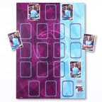 A purple and blue club coloured trading card display poster designed to hold and display football trading cards, with a few cards already inserted into the slots.