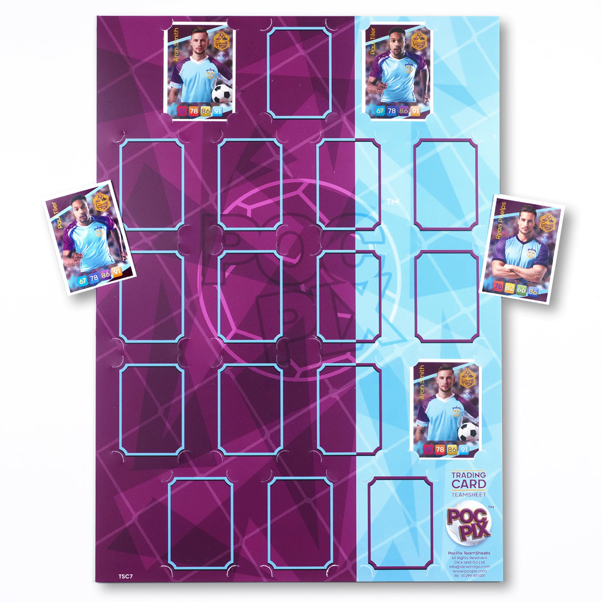 A purple and blue club coloured trading card display poster designed to hold and display football trading cards, with a few cards already inserted into the slots.
