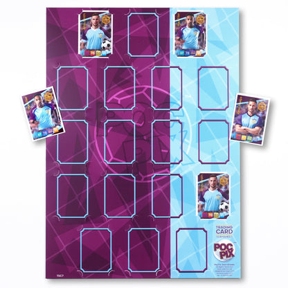 A purple and blue club coloured trading card display poster designed to hold and display football trading cards, with a few cards already inserted into the slots.