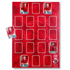 A red plastic team sheet designed to hold and display trading cards, with slots for cards and a logo at the bottom.