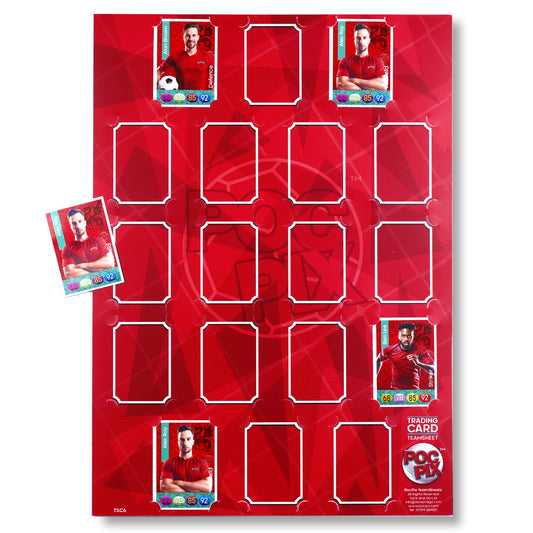 A red plastic team sheet designed to hold and display trading cards, with slots for cards and a logo at the bottom.