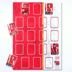 A red and white trading card poster or team sheet wall display designed to hold trading cards, with sample cards shown on the side.