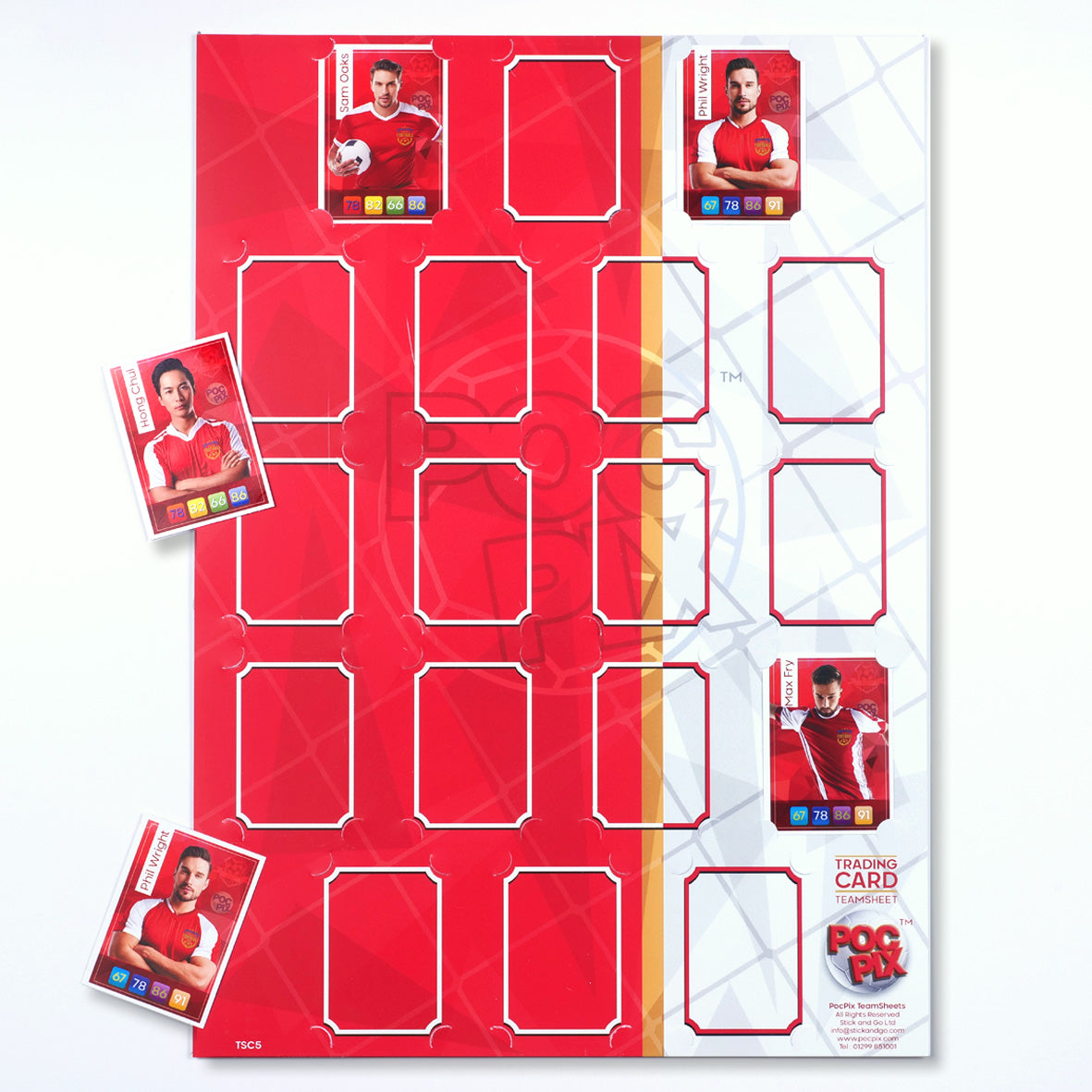 A red and white trading card poster or team sheet wall display designed to hold trading cards, with sample cards shown on the side.
