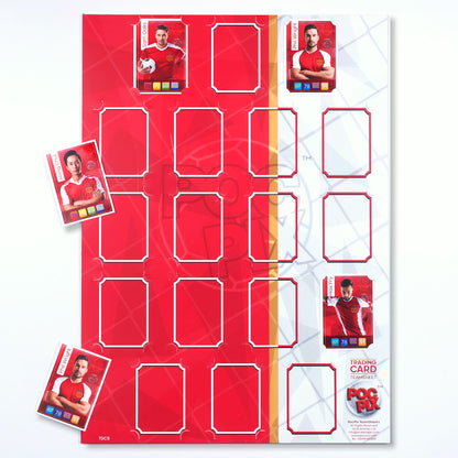 A red and white trading card poster or team sheet wall display designed to hold trading cards, with sample cards shown on the side.