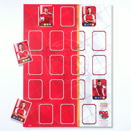 A red and white trading card poster or team sheet wall display designed to hold trading cards, with sample cards shown on the side.