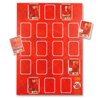A red collector's album page or trading card display poster designed to hold trading cards, with some cards already inserted. The page is designed for organizing or displaying cards in a structured layout.