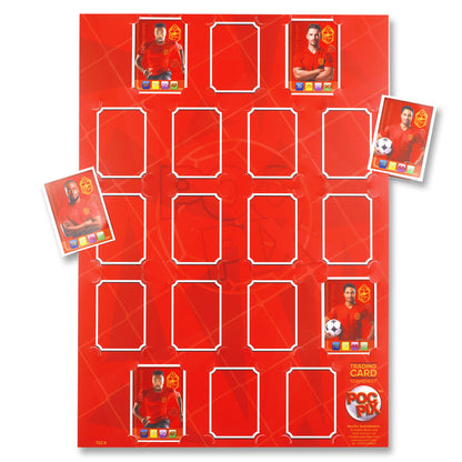 A red collector's album page or trading card display poster designed to hold trading cards, with some cards already inserted. The page is designed for organizing or displaying cards in a structured layout.