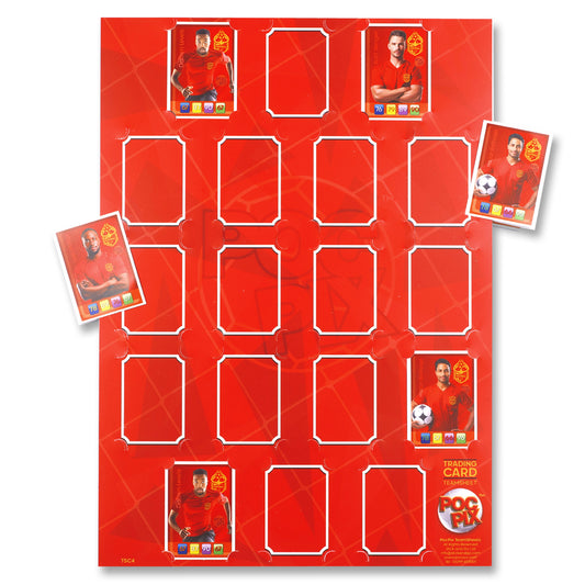 A red collector's album page or trading card display poster designed to hold trading cards, with some cards already inserted. The page is designed for organizing or displaying cards in a structured layout.