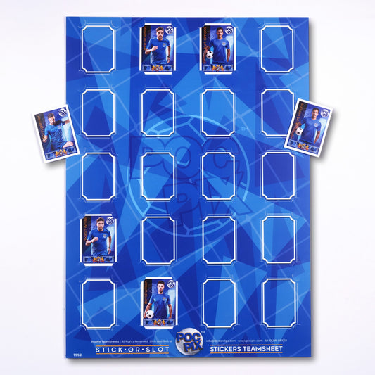 A blue and white sticker album designed to hold trading cards and stickers, featuring slots for cards on the cover.