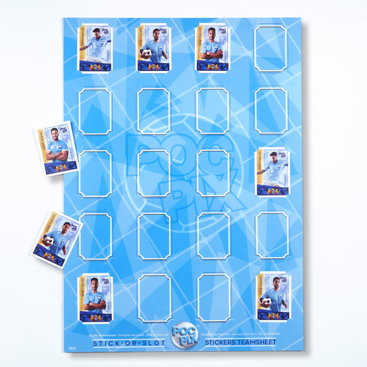 A blue and white sticker album page designed to hold trading cards and stickers, with some sample stickers on the side.