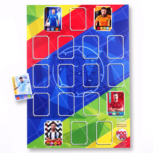 A colorful rainbow team sheet OR TRADING CARD POSTER designed to hold and display Euro and Europa League trading cards, with slots for cards and a 'POCPIX' logo at the bottom.